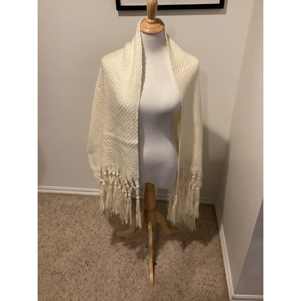 Cream Woven Shawl Scarf Fringed Tassel Textured‎ Boho Wrap Accessory
